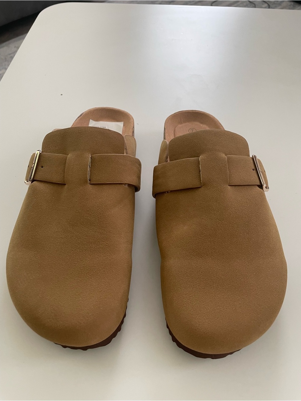 Tan Solid Slip-On Sandals Women's Buckle Closure Cork Insole Flat